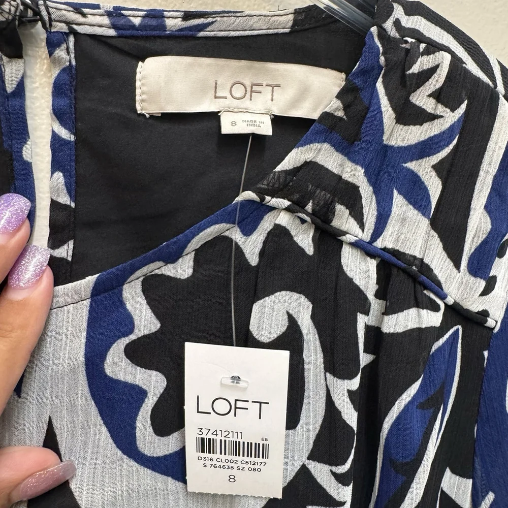 Loft Paisley Shirred Flounce Long Sleeve Midi Dress Tiered Blue White Size 8
